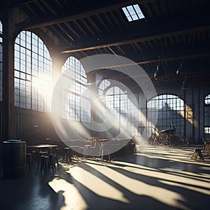 Old Beer Or Wiskey Brewery Factory, Large Metal Hangar Interior, Windows With Sun Rays, Dust, Generative AI