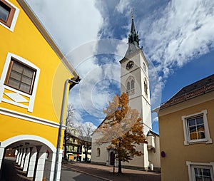 Old bell tower of the church Maria Verkuendigung in the town of Spittal an der Drau, Austria