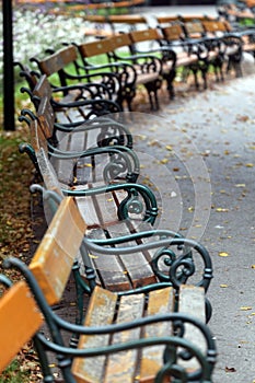 Old benches in a public park in in Vienna