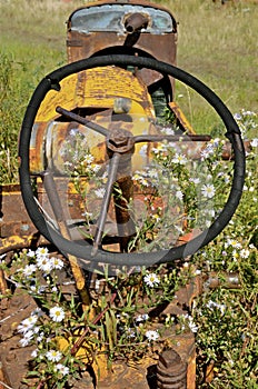 Old bent tractor steering wheel