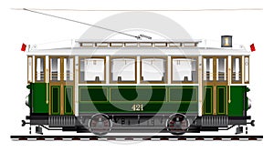 An old biaxial tram of green color. City Ecological transport.