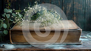 Old Bible on vintage wooden table with some little white flowers