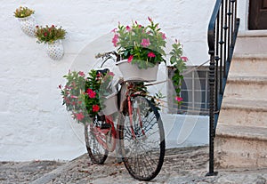 old bicycle is decorated with fresh flowers on the street