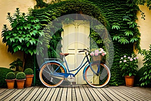 Old bicycle with flowers in front of a door vegetated generated Ai.