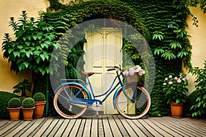 Old bicycle with flowers in front of a door vegetated generated Ai. photo