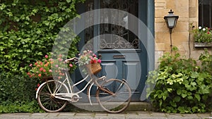 Old bicycle with flowers in front of a door vegetated with ivy