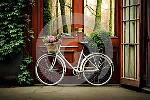 Old bicycle with flowers in front of a door vegetated with ivy Ai generated