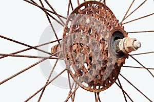 Old bicycle gear rusted object isolated on white