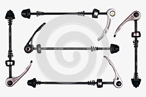 Old bicycle quick release axles, isolated against white background