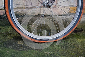 Old Bicycle Wheel with Flat tire on road.