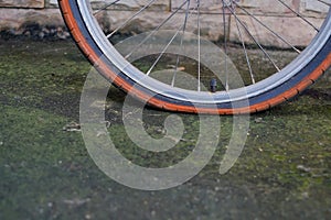 Old Bicycle Wheel with Flat tire on road.