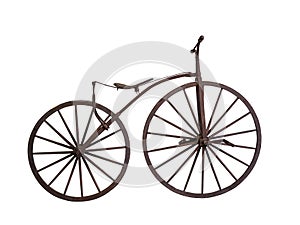 Old bicycle with wooden wheels isolated