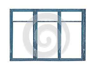 Old big blue wooden window frame with six sashes isolated on white background photo