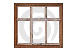 Old big brown wooden window frame with six sashes isolated on white background photo
