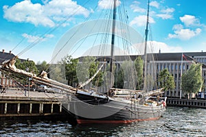 old big sail ship in port on sunny day