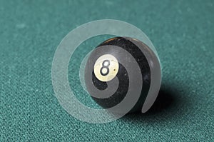 Old billiard ball number 8 black color on green billiard table, copy space