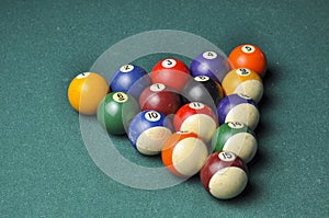 Old billiard balls composition on green pool table