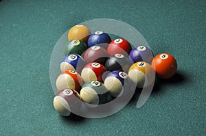 Old billiard balls composition on green pool table