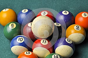 Old billiard balls composition on green pool table