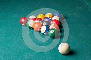 Old billiard balls on a green table. billiard balls isolated on a green background