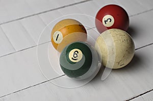 Old billiard balls on white wooden table background