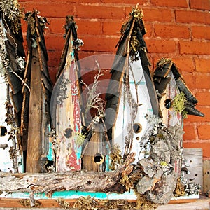 Old birdhouses in a row