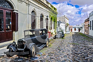 Old black automobile in Colonia del Sacramento, Uruguay