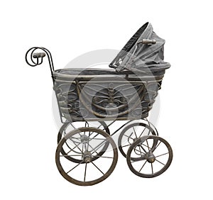 Old black baby carriage isolated.