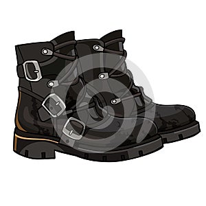 Old black boots with buckles and laces