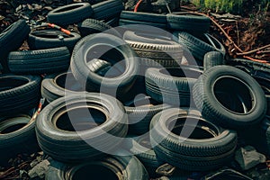 Old black car tires unauthorized dump, environmental issue, neglect