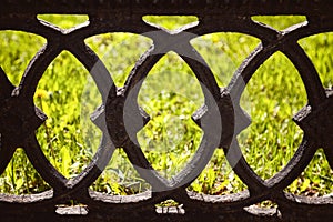 Old black cast fence on a green lawn background