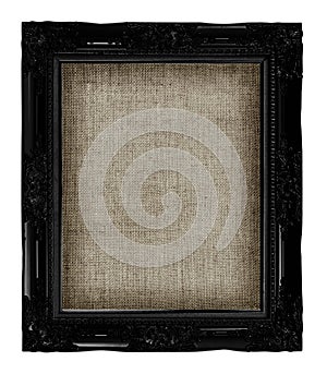 Old black frame with empty grunge linen canvas for your picture, photo, image. beautiful vintage background