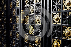 Old black iron gate with golden ornaments