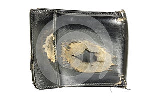 Old black leather wallet isolated.