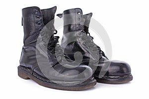 Old black leather work boots