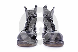 Old black leather work boots