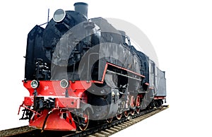 Old black locomotive on an isolated white background