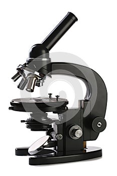 Old black microscope isolated on white