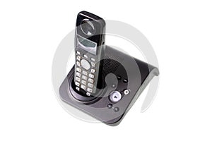 Old Of Black Office Phone With No Cord On White Background. Phone with buttons Isolated.