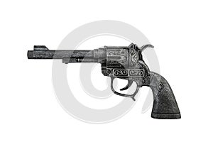 Old black revolver gun isolated on white background