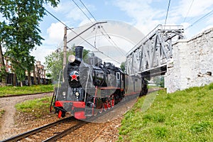 Old black steam locomotive in Russia