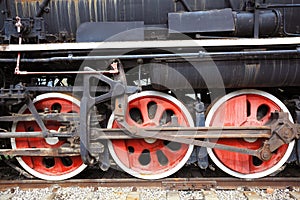 Old black steam train locomotive of partial closeup