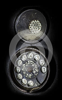 Old black telephone. Close-up of a rotary dial