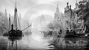 Old black and white photo of the Old Canal of Amsterdam with boats along the river bank.