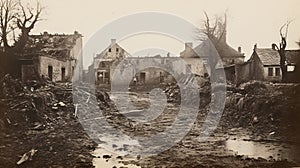 an old black and white photo shows the destruction of a village