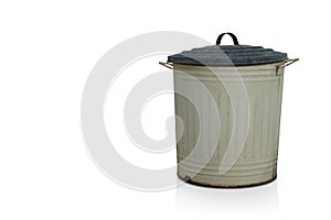 Old black and white steel bin on white background, object, ancient, decor, copy space