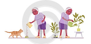 Old black woman, elderly person watering plants, feeding pet cat