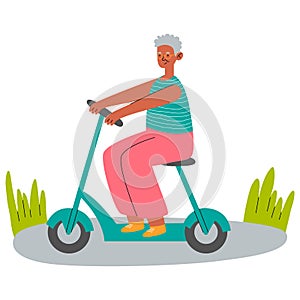 Old black woman on seat of electric scooter. Modern grandmother with eco-friendly moped. Rider sitting on chair of