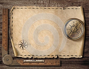 Old blank map background with compass. Adventure and travel concept. 3d illustration.