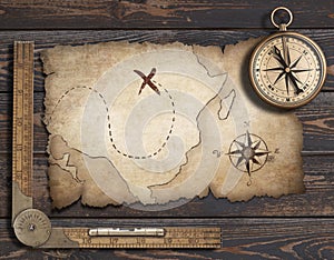 Old blank map background with compass. Adventure and travel concept. 3d illustration.